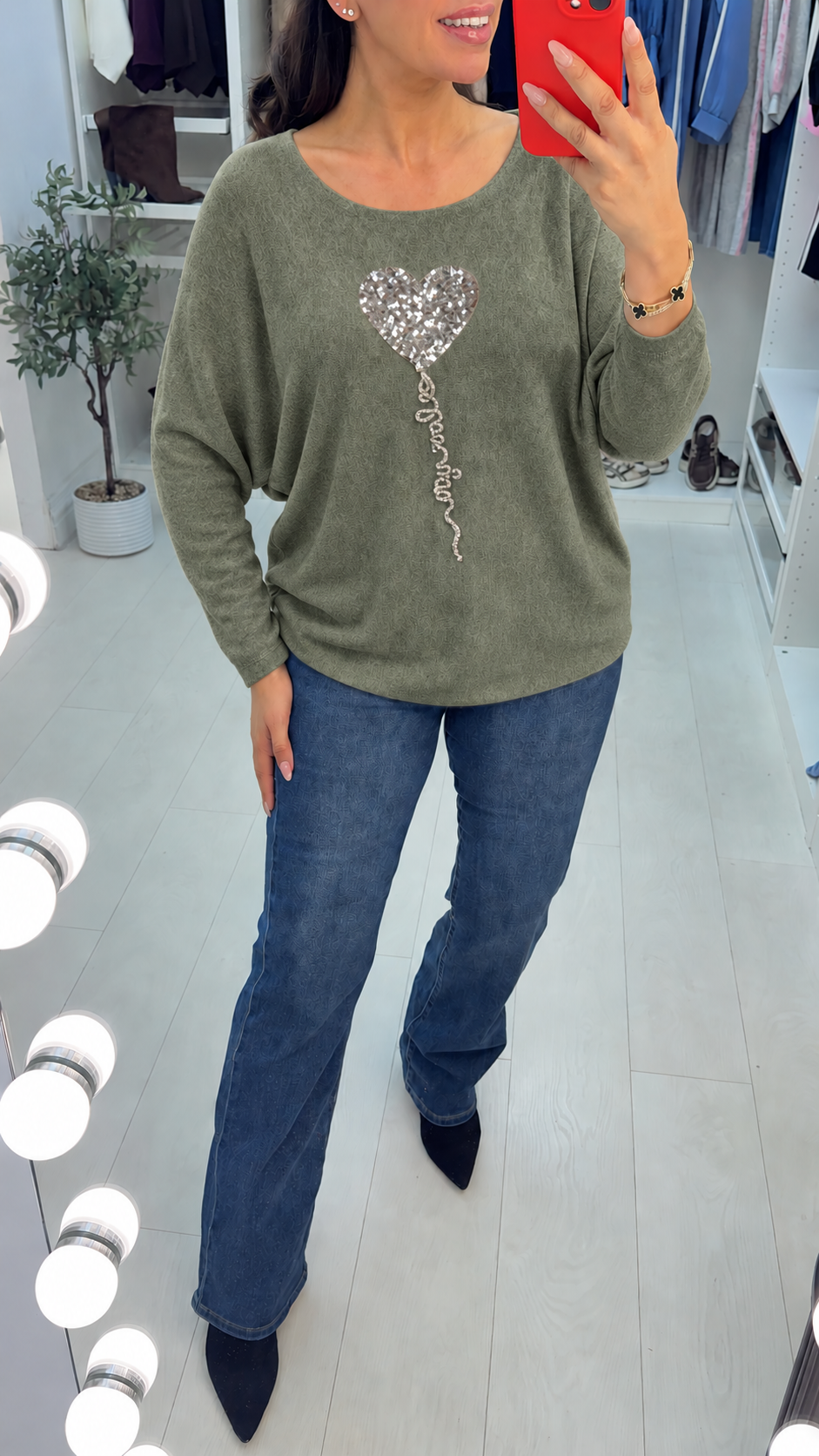 Betsy Sequin Heart Detail Loose Fit Thin Knit Jumper