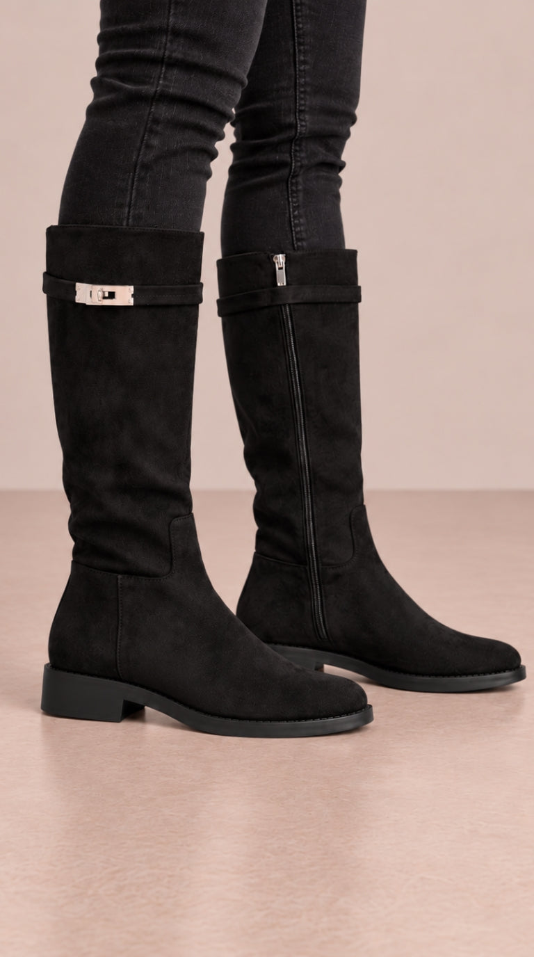 Rebela Faux Suede Buckle Detailed Knee High Boots