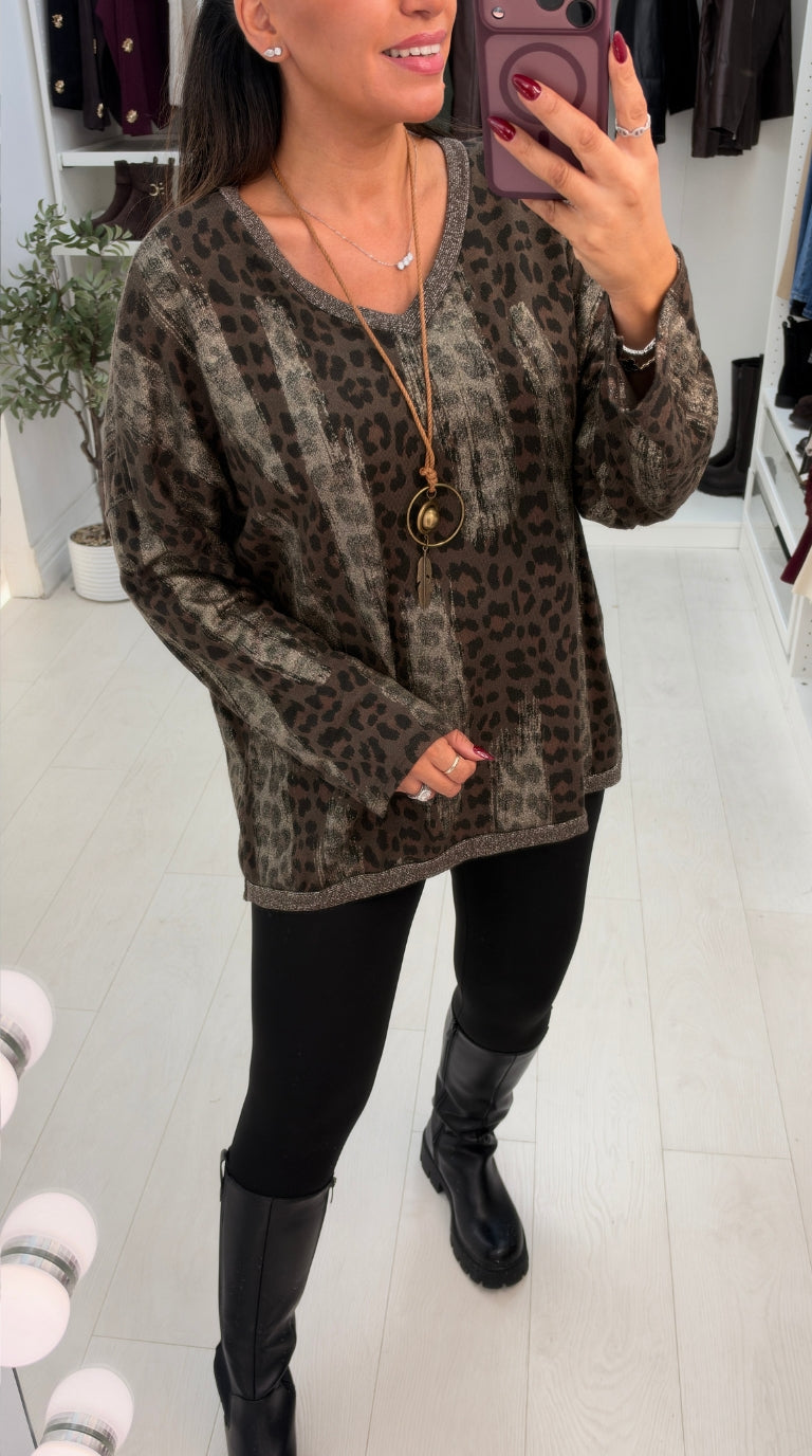 Kerys Leopard Print Lurex Detailed Necklace Jumper