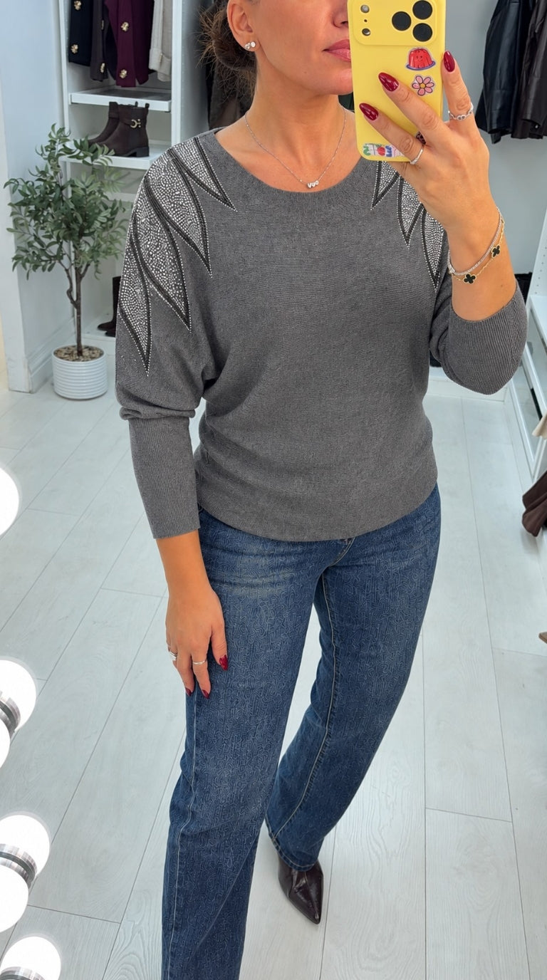 Gwynne Plain Embellished Shoulder Batwing Jumper