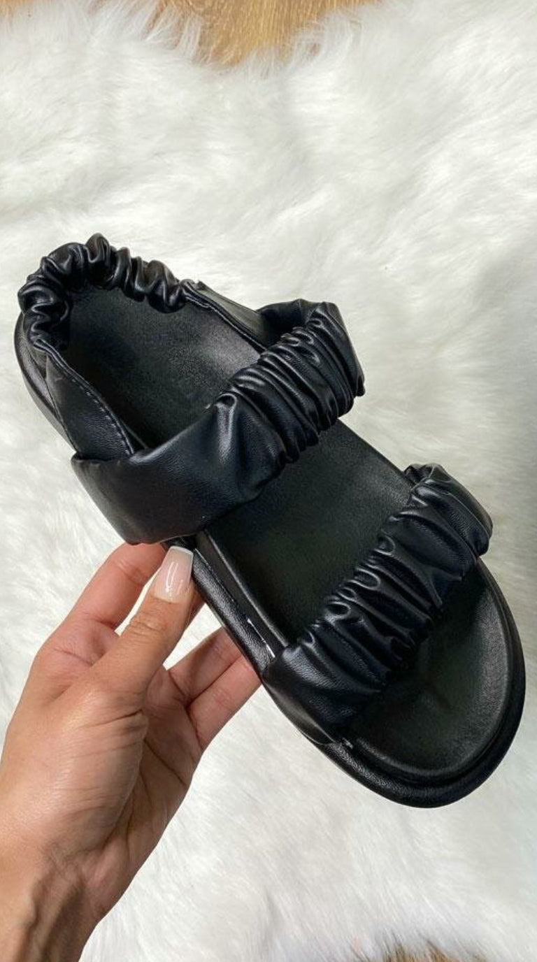 Cason Black Rouched Elasticated Faux Leather Sandals