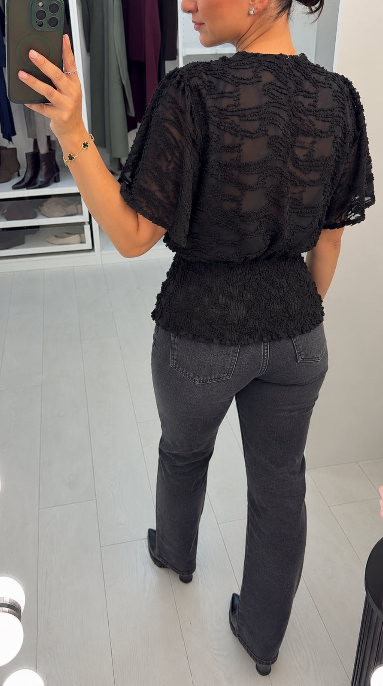 Wendie Textured Deep V Neck Short Sleeve Blouse