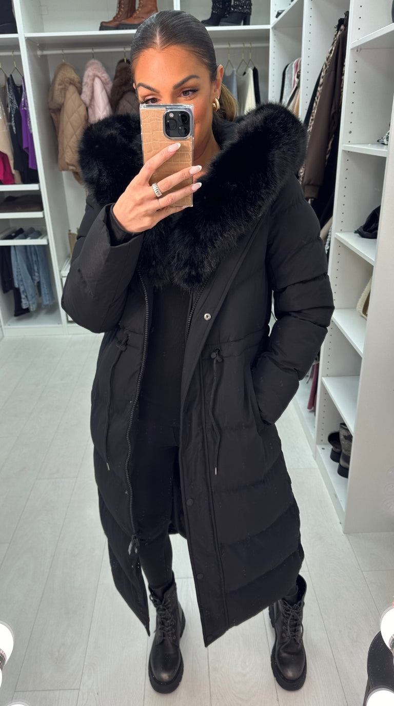 Alberta Black Padded Faux Fur Hooded Coat