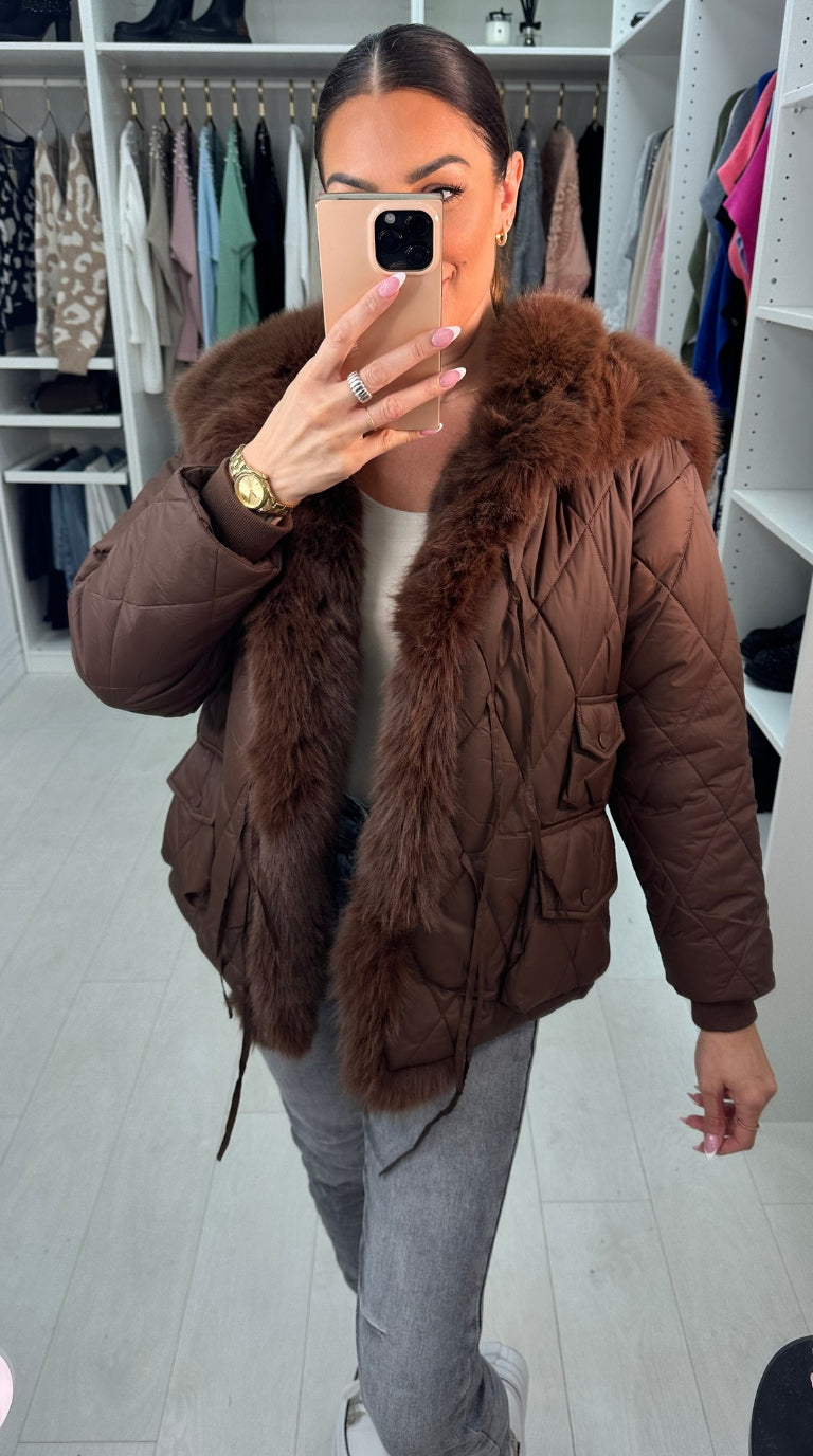 Olympia Chocolate Short Quilted Faux Fur Trim Coat