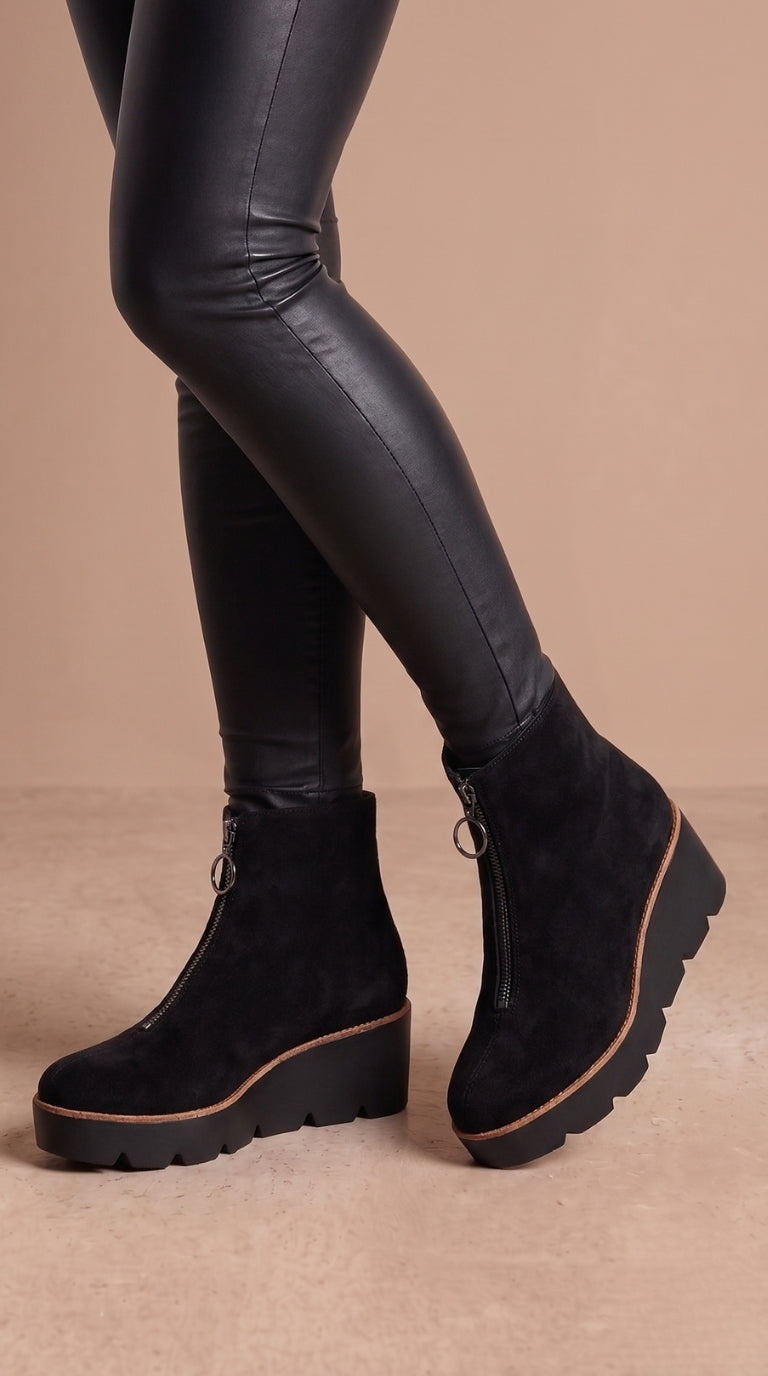 Jazmina Faux Suede Zip Front Wedge Boots