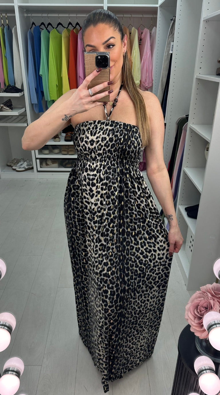Bergamo Grey Leopard Print Elasticated Bust Maxi Dress