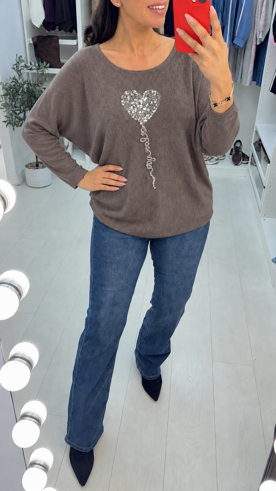 Betsy Sequin Heart Detail Loose Fit Thin Knit Jumper