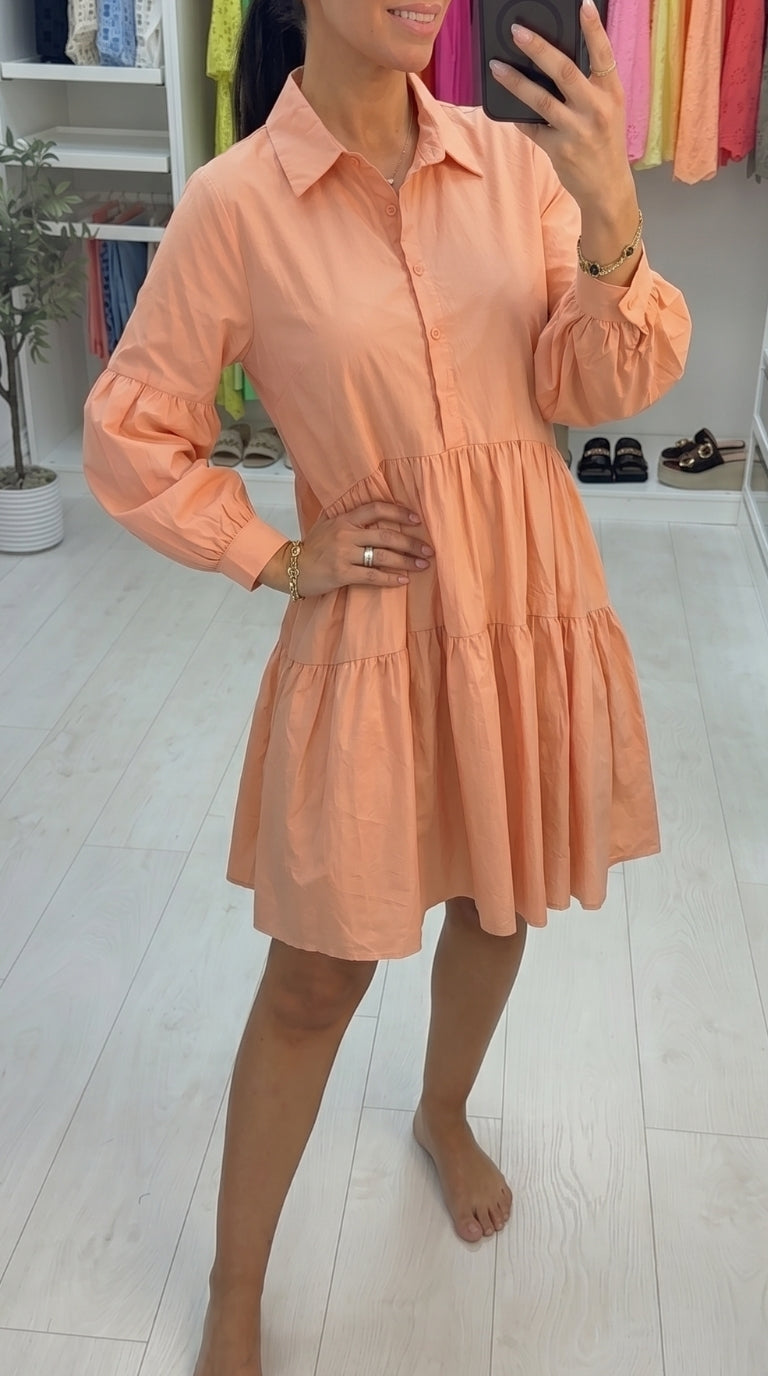 Rome Tiered Dipped Hem Puff Sleeve Shirt Dress