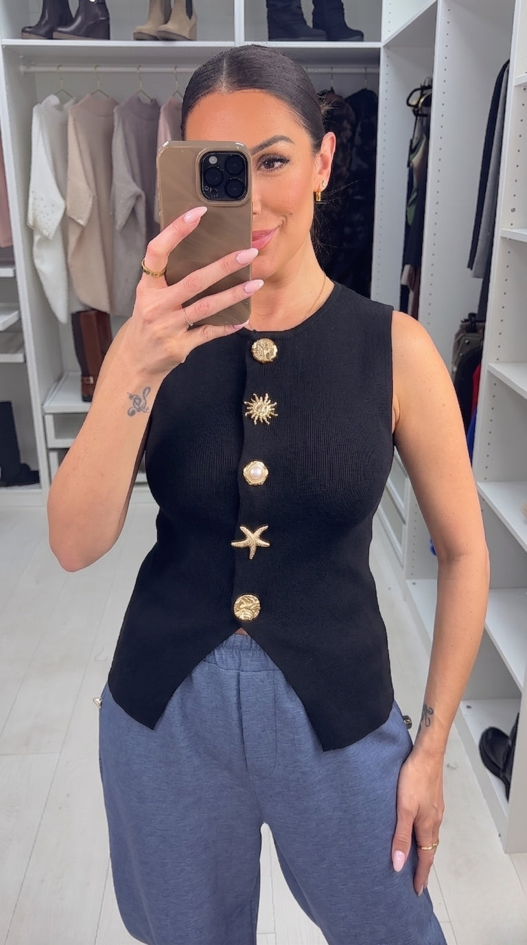 Natasha Embellished Button Sleeveless Knit Top