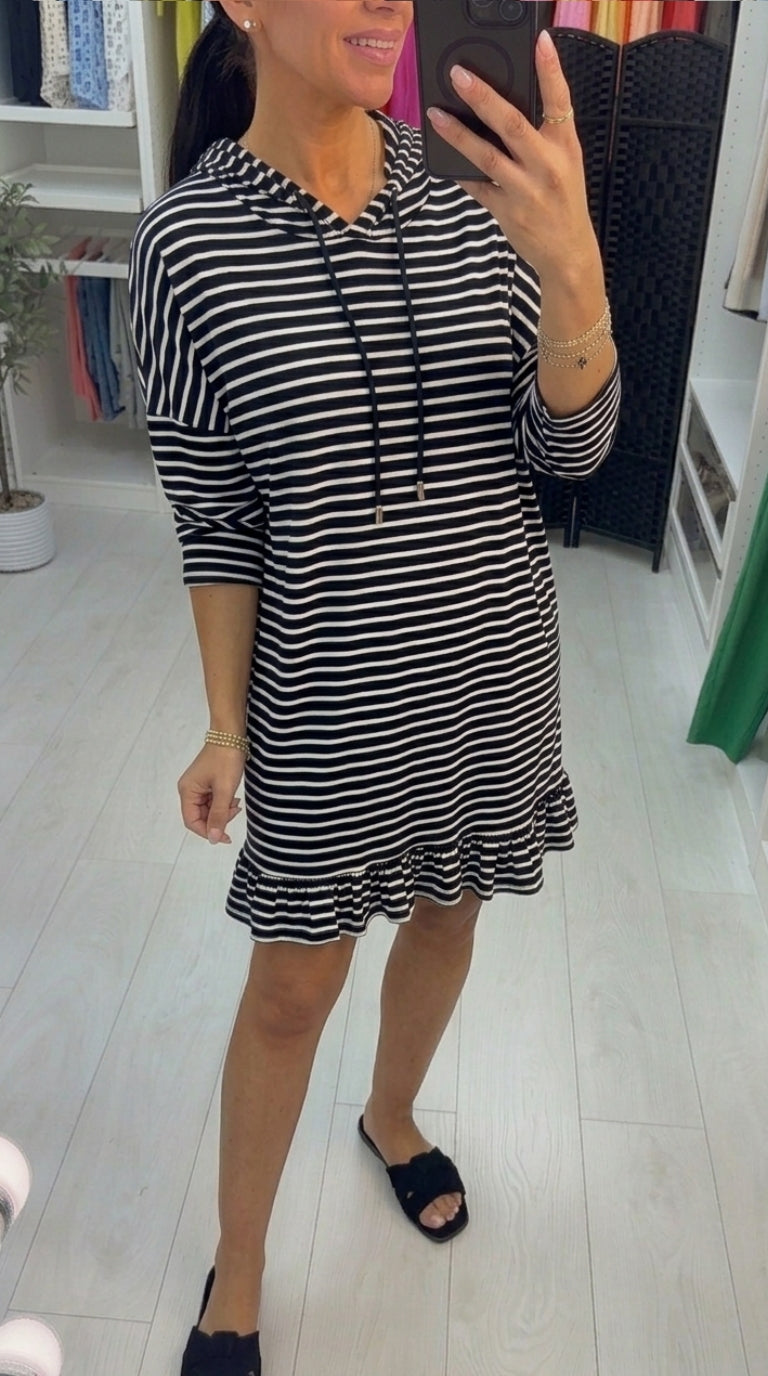 Magdalena Striped Oversized Frill Hem Hooded Sweatshirt