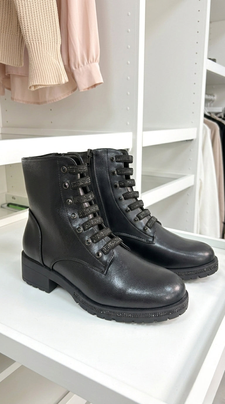 Jody Faux Leather Diamanté Chunky Biker Boots