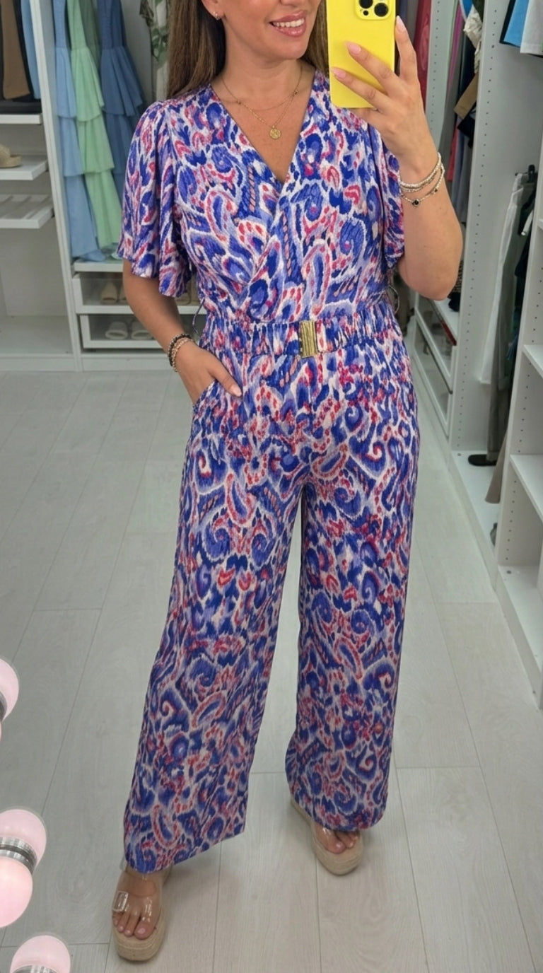 Dakota Floral Print V Neck Wide Leg Belted Jumpsuit