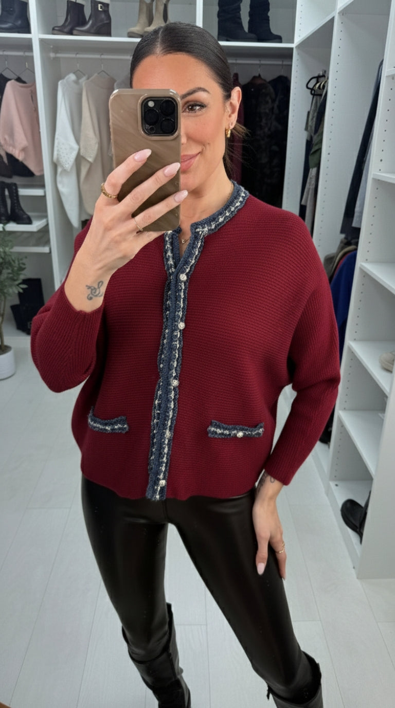 Yvonne Plain Denim Trim Knitted Cardigan