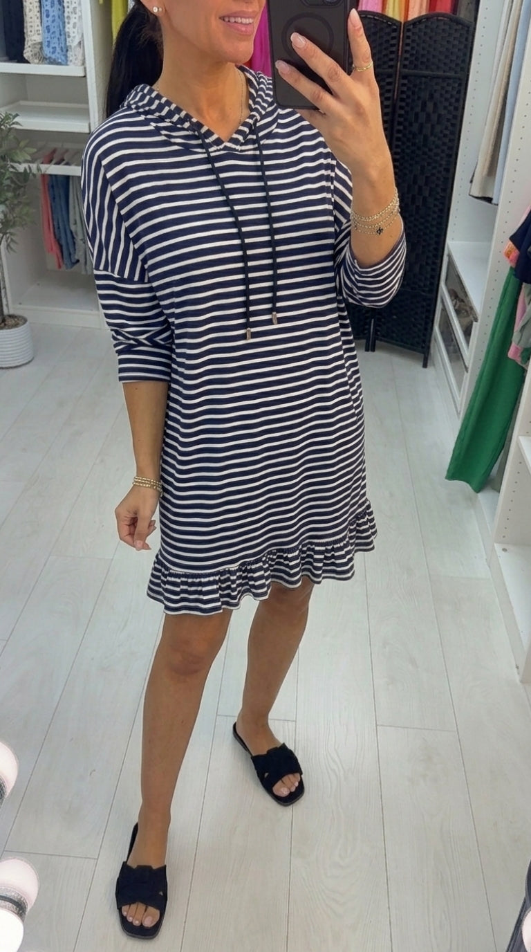 Magdalena Striped Oversized Frill Hem Hooded Sweatshirt