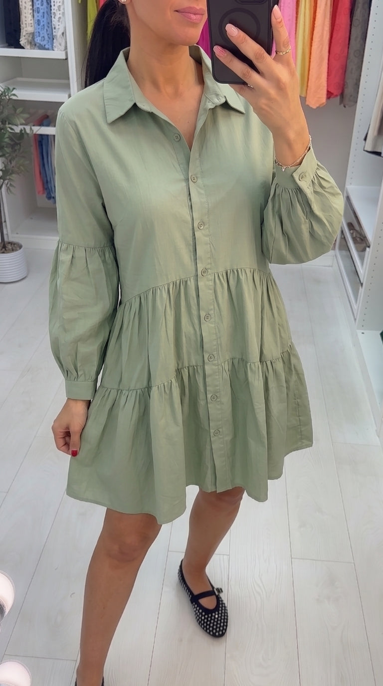 Rome Tiered Dipped Hem Puff Sleeve Shirt Dress