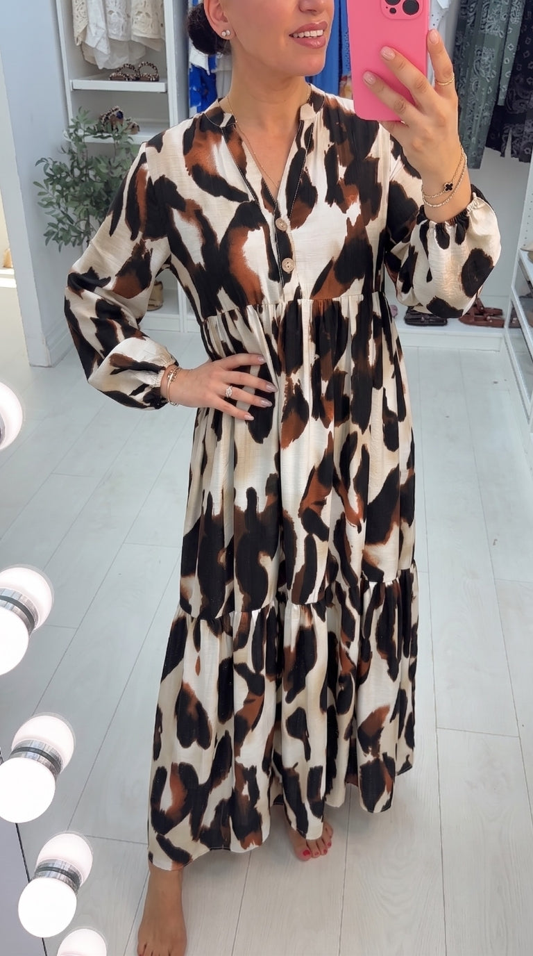 Kelsey V Neck Cheetah Print Smock Maxi Dress