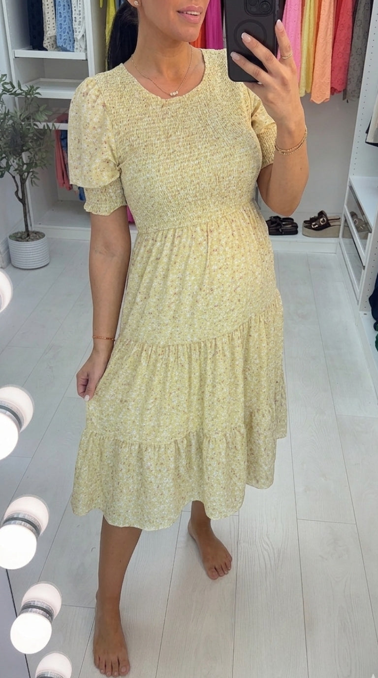 Genny Yellow Ditsy Floral Print Shirred Smock Dress
