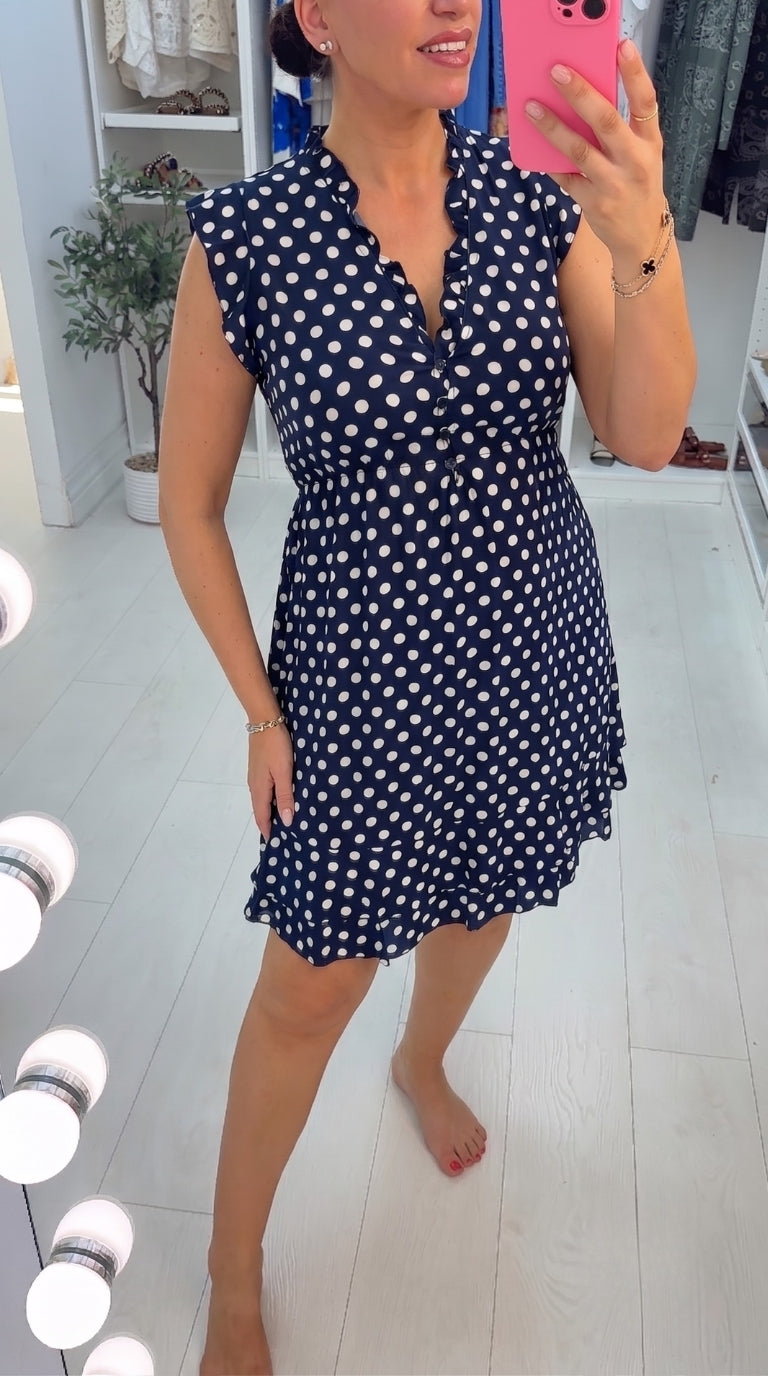 Ascot Navy Polka Dot Frill Sleeve Tie Waist Dress