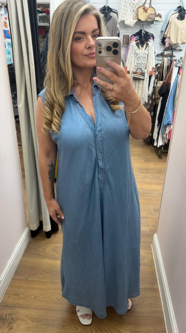 Zariah V Neck Loose Fit Denim Maxi Dress