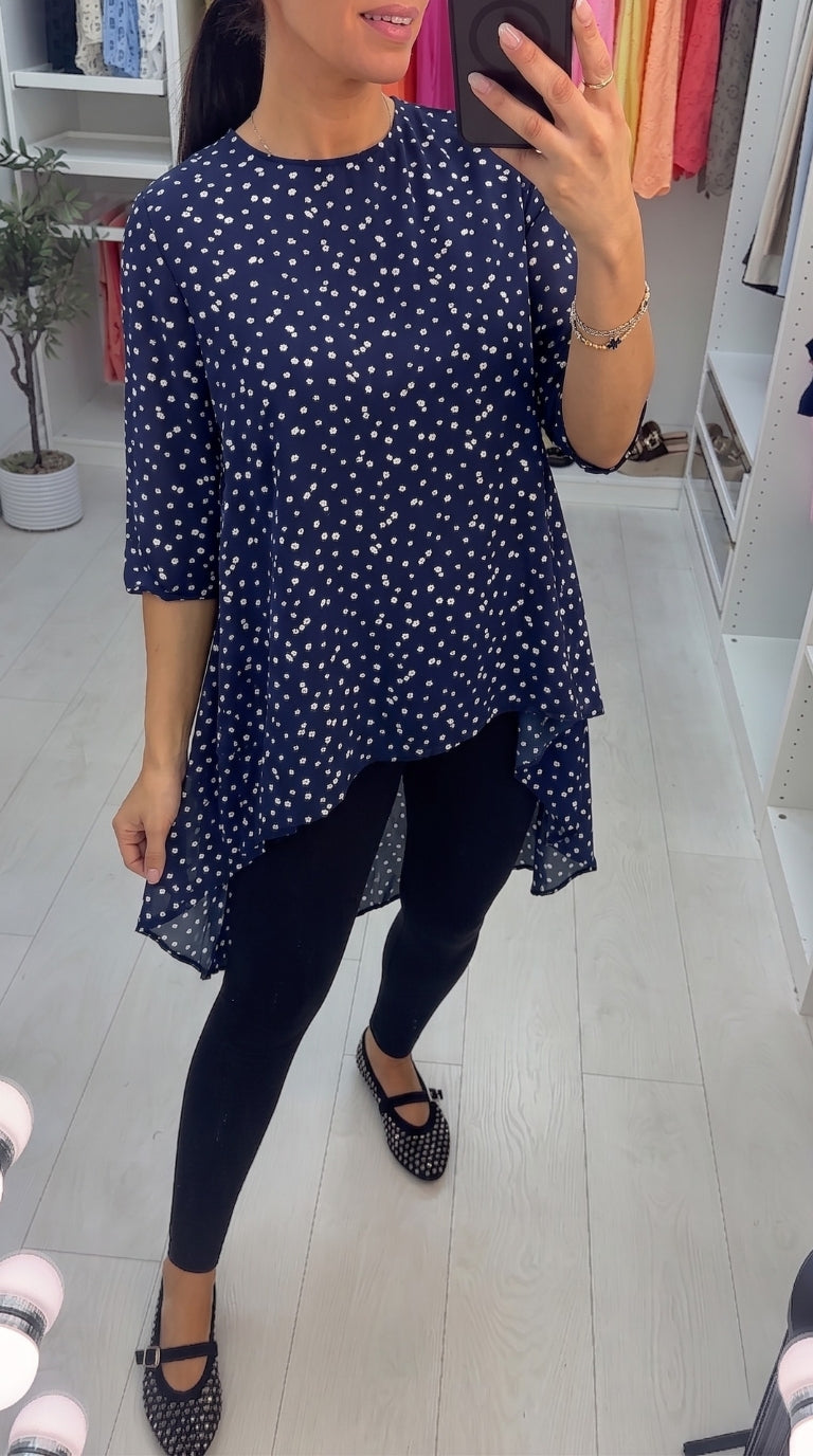 Saffie Navy Flower Print Dipped Hem Tie Back Top