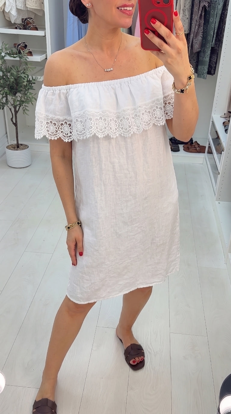 Theony Linen Crochet Bardot Dress