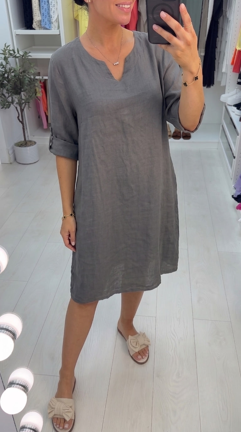 Dalina Plain Linen V-neck Loose Fit Dress