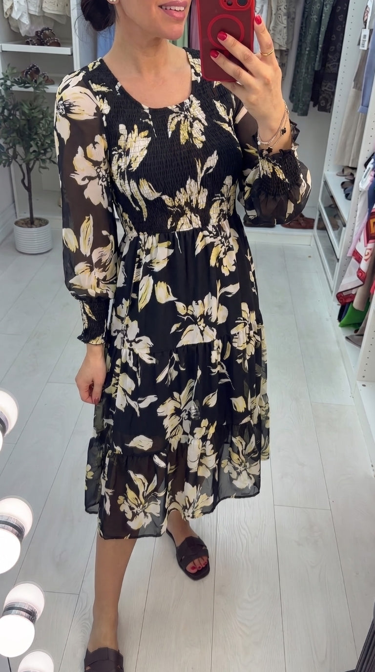 Matena Black Floral Elasticated Sheer Midi Dress