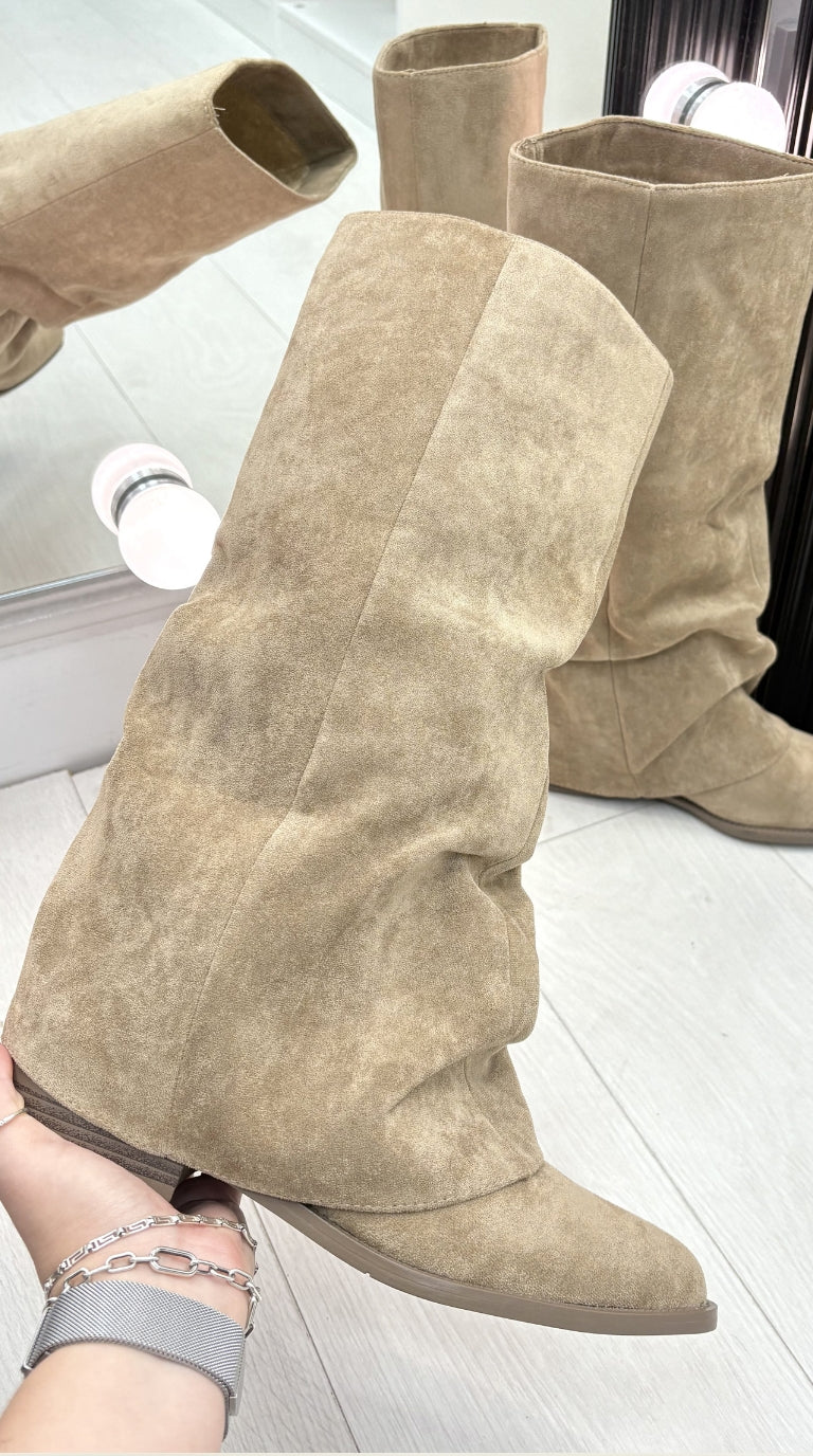 Honey Faux Suede Fold Over Boots