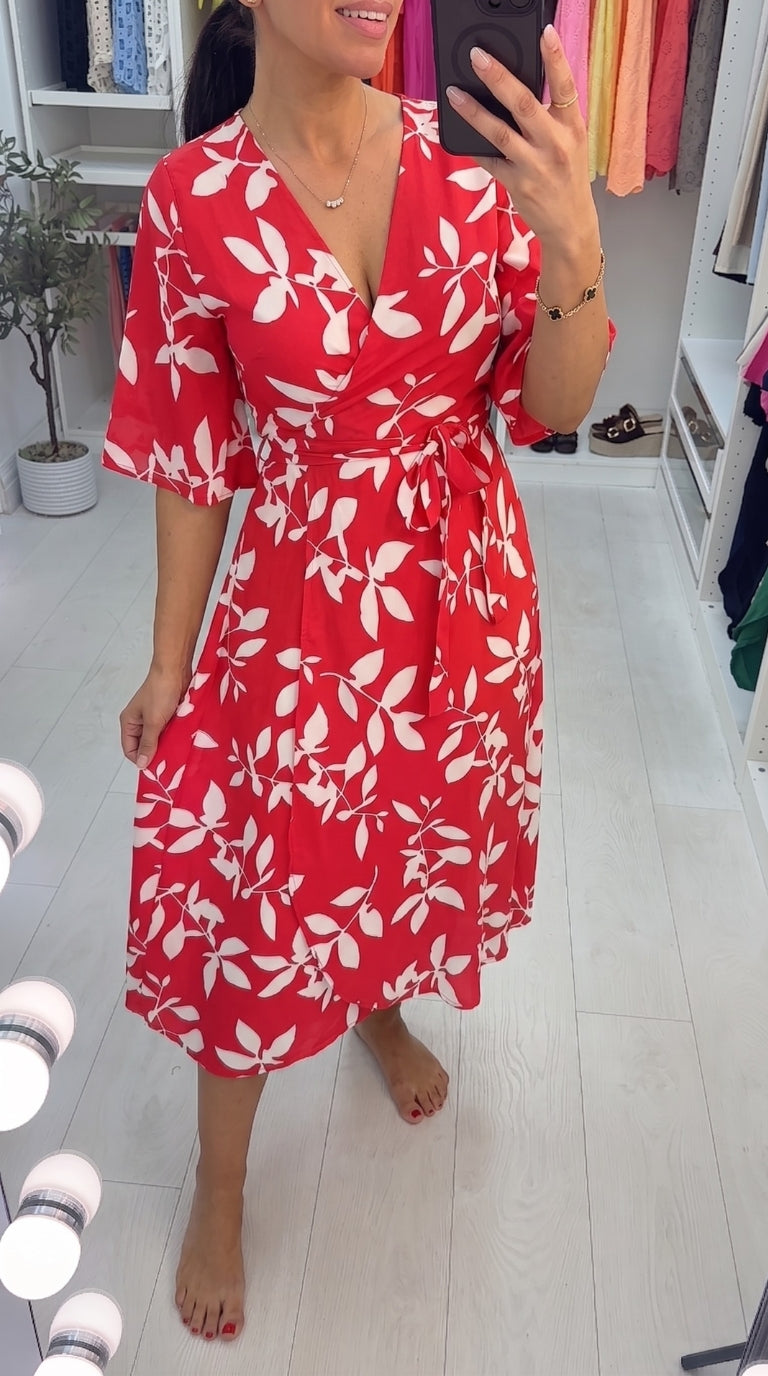 Brynley Red Leaf Printed Wrap Dress