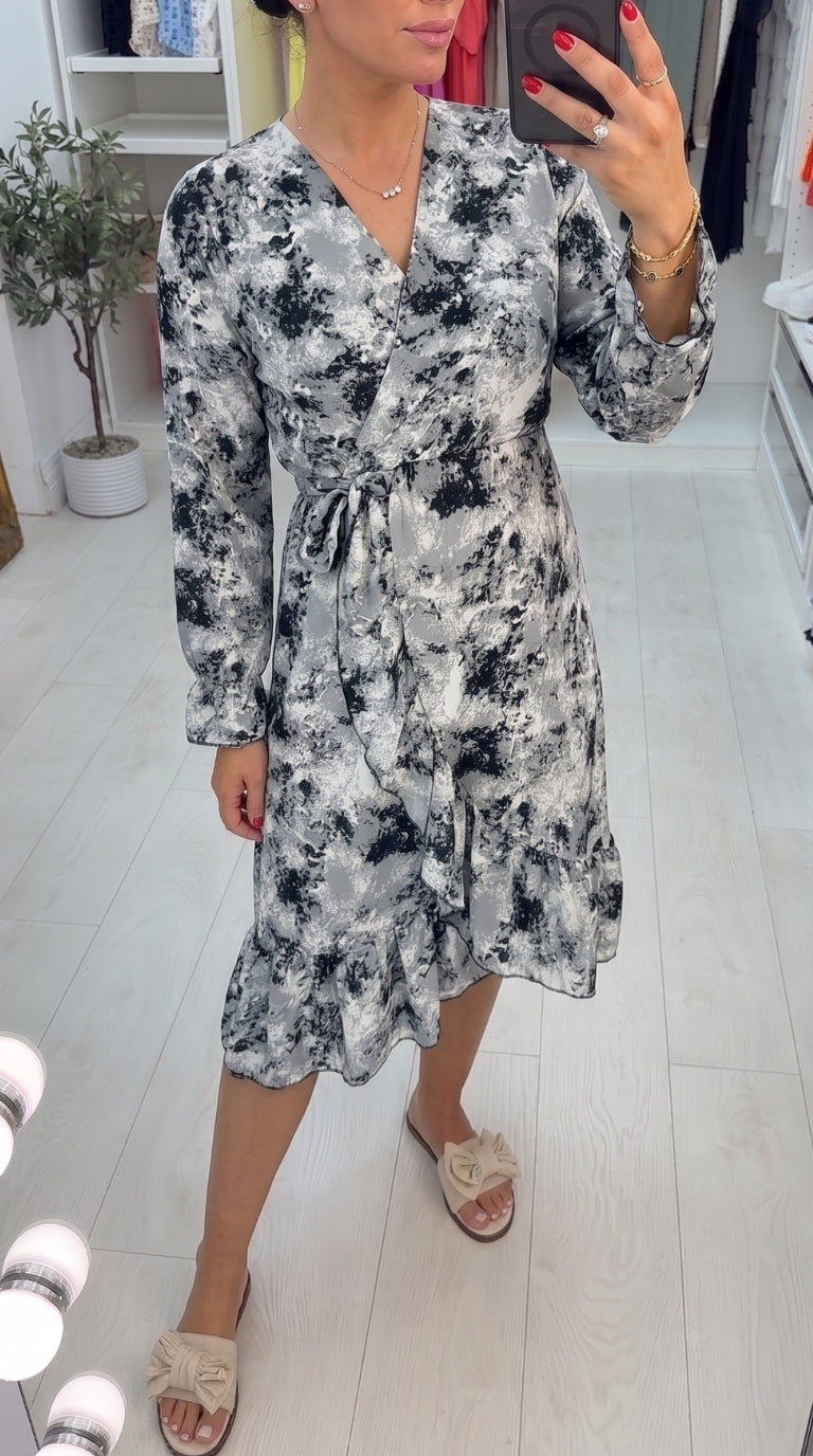 Letty Grey Printed Ruffle Wrap Dress