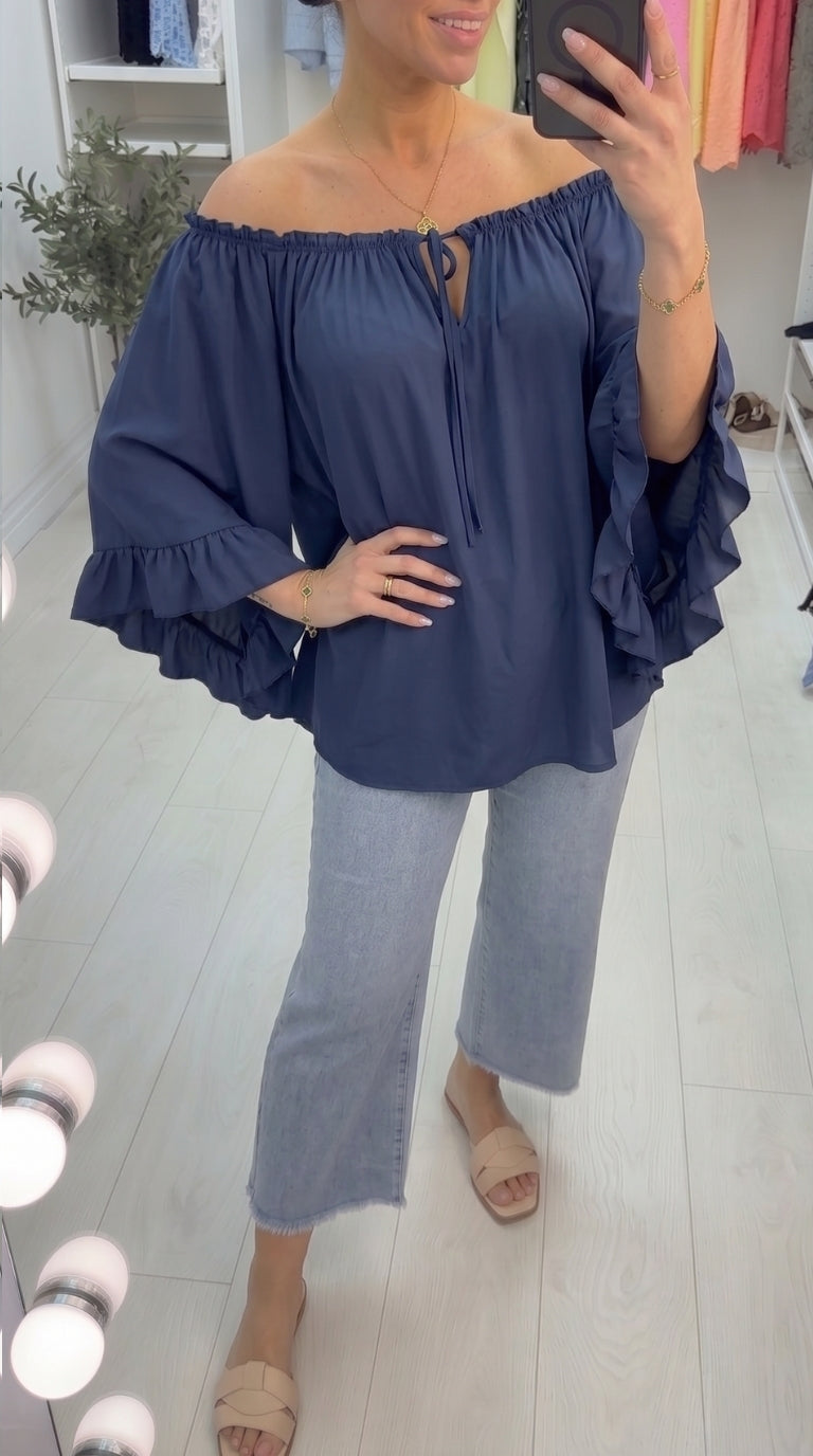 Amberlyn Plain Loose Fit Frill Sleeve Bardot Top