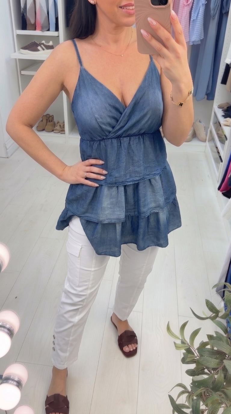 Jamima Ruffle Detailed Cross V-neck Denim Top