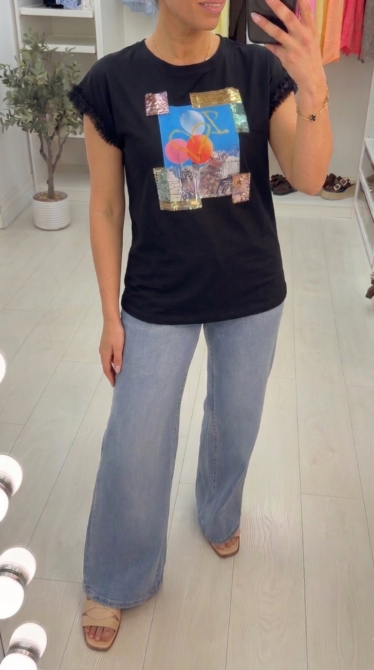 Agata Sequin Picture Slogan Lace Frill Sleeve T-shirt