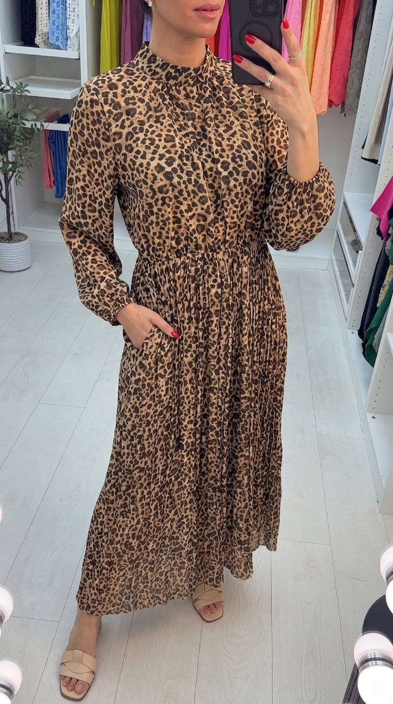 Chloe Leopard Print Pleated Dress