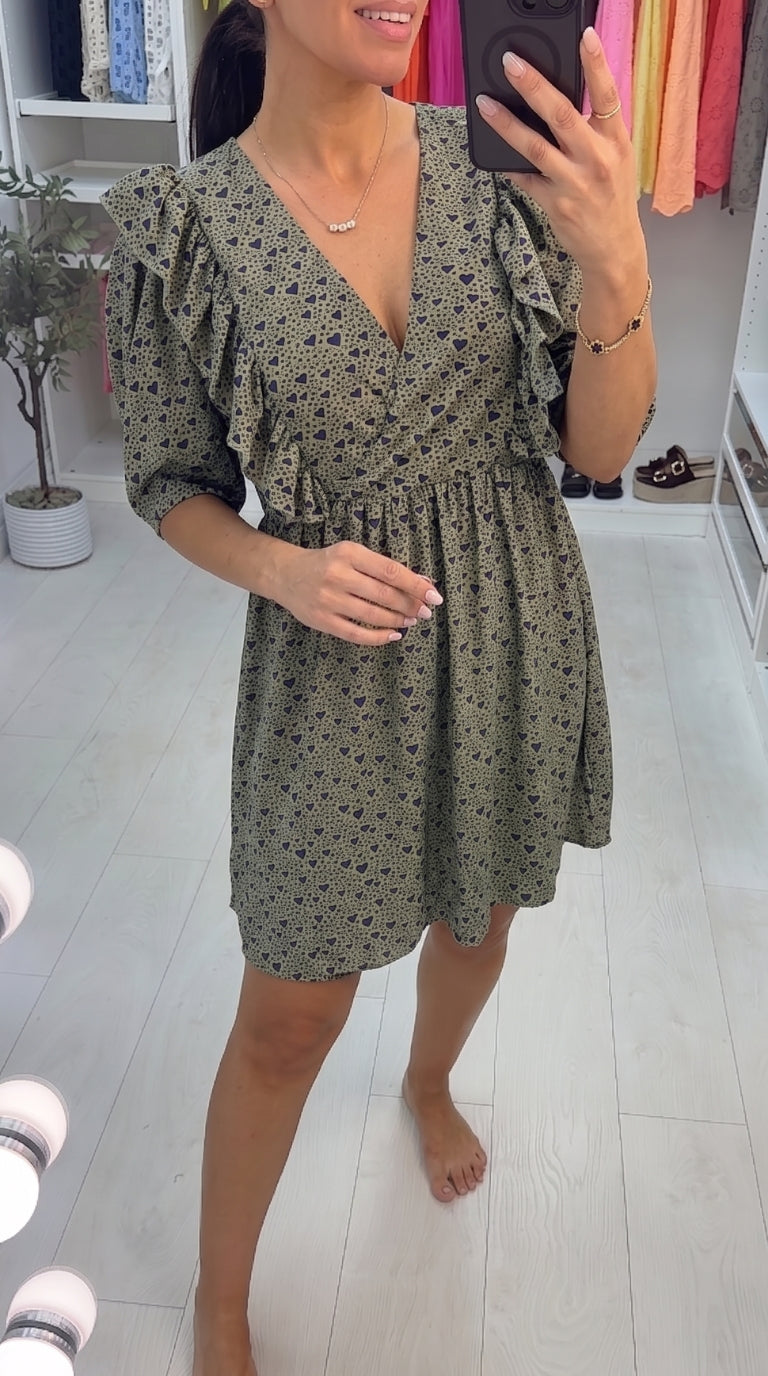 Annora Frill Puff Sleeve Heart Detail Floaty Dress