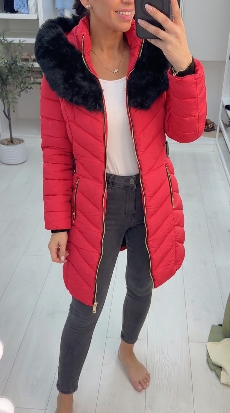 Lorna Red Faux Fur Hooded Belt Coat