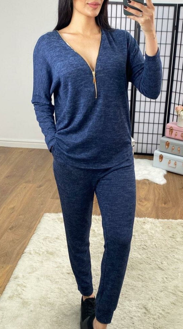 Alba Navy Marl Zip Detail Loungewear Set