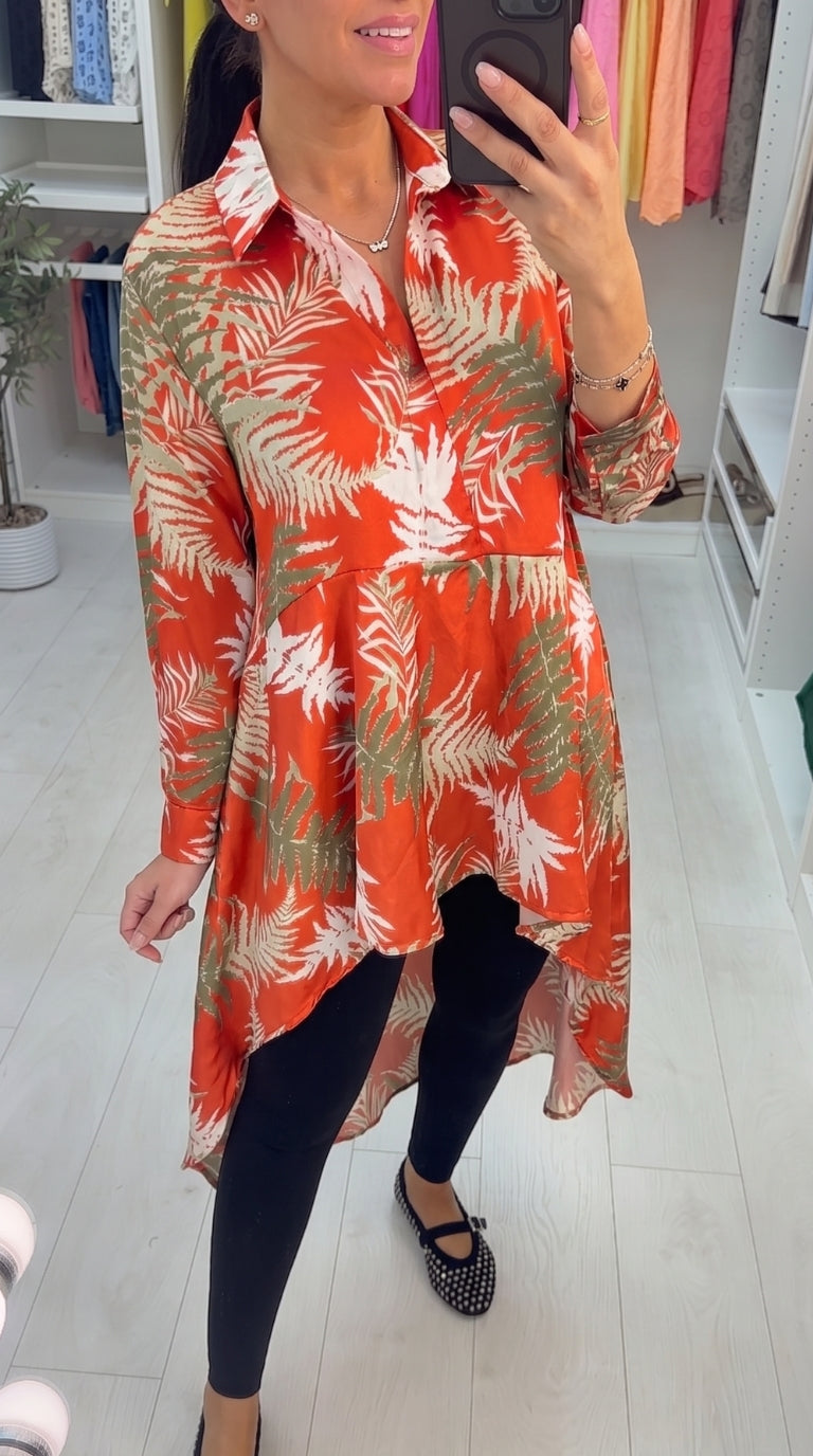 Newington Rust Leaf Print Asymmetric Hem Satin Blouse