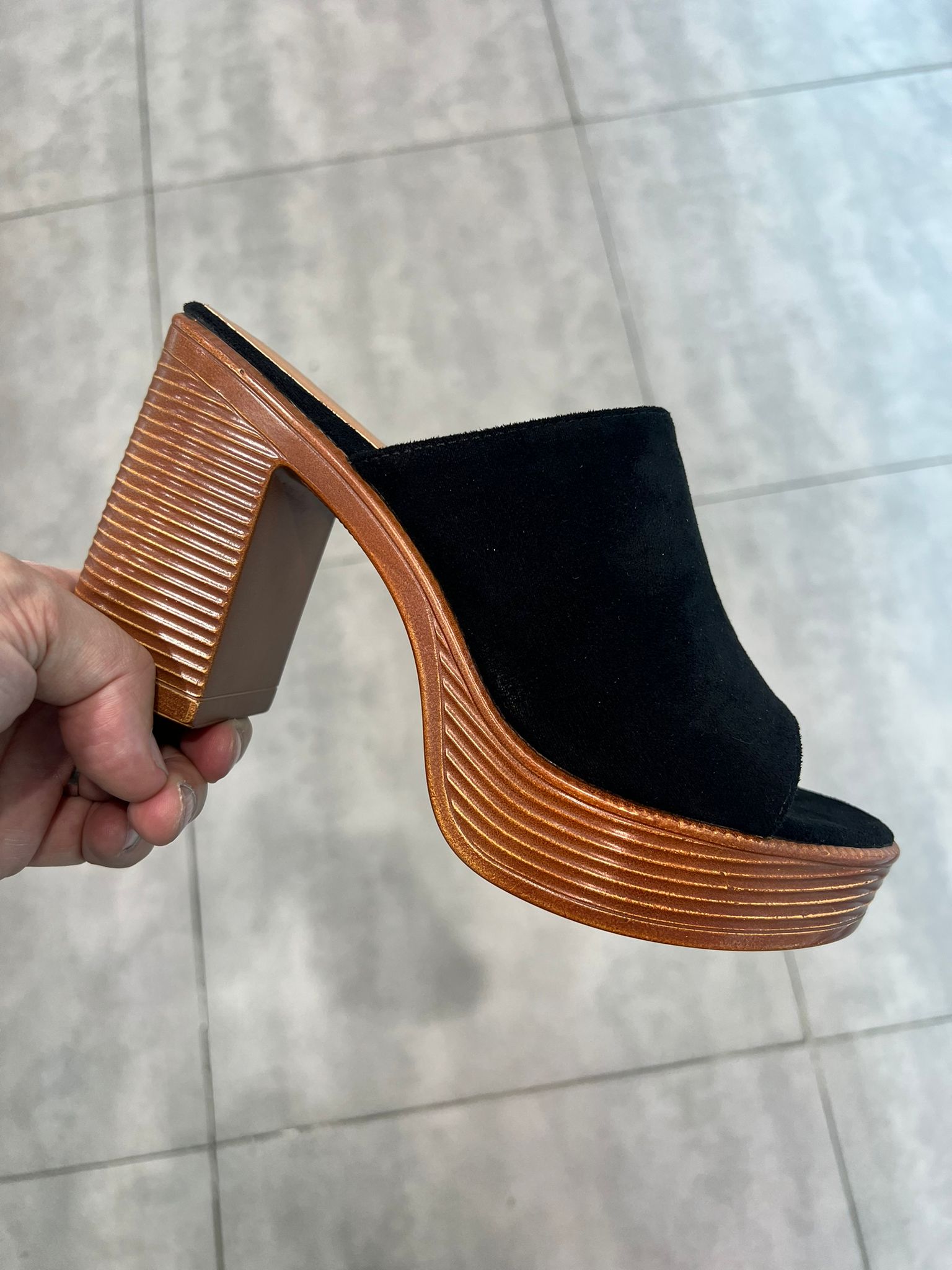 Belissima Suede Look Wooden Heel Sandals