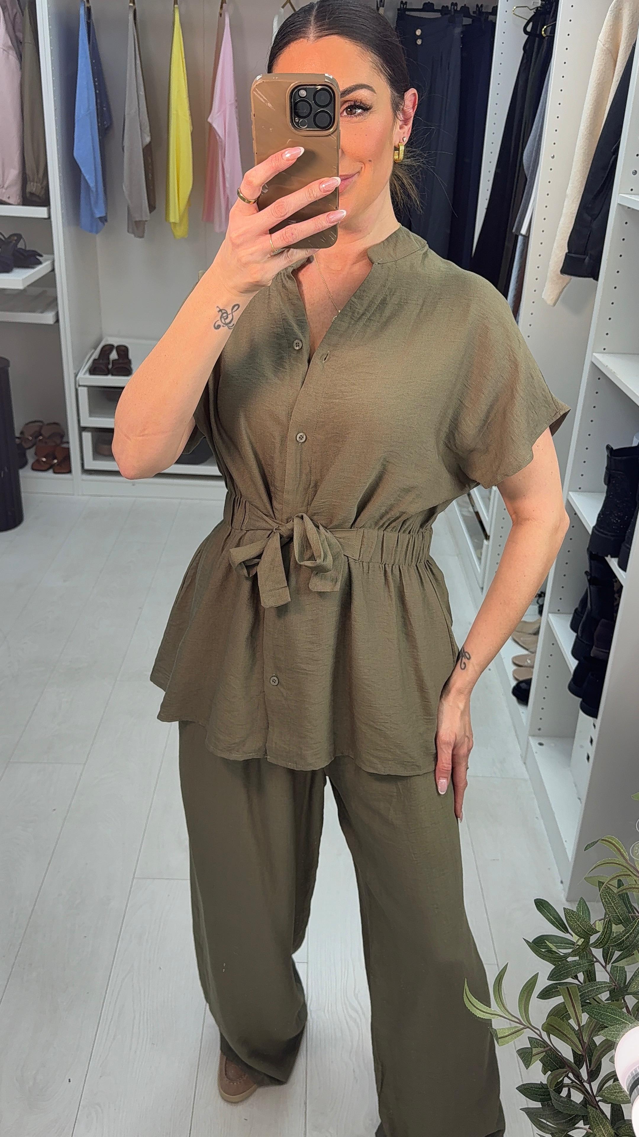 Queenie Plain Elasticated Tie Waist Top Co-Ord Set