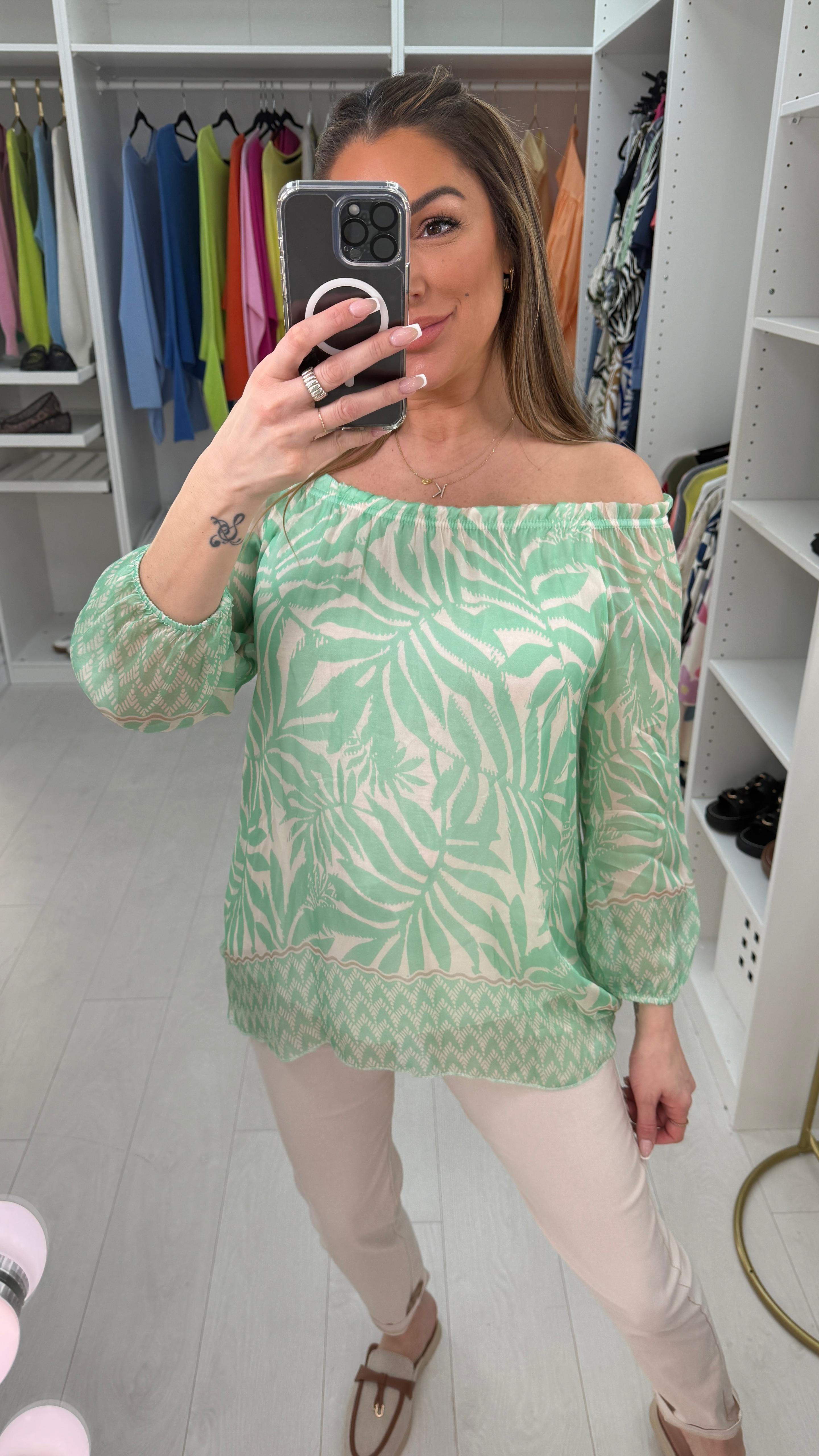 Carrie Leaf Print Bardot Blouse