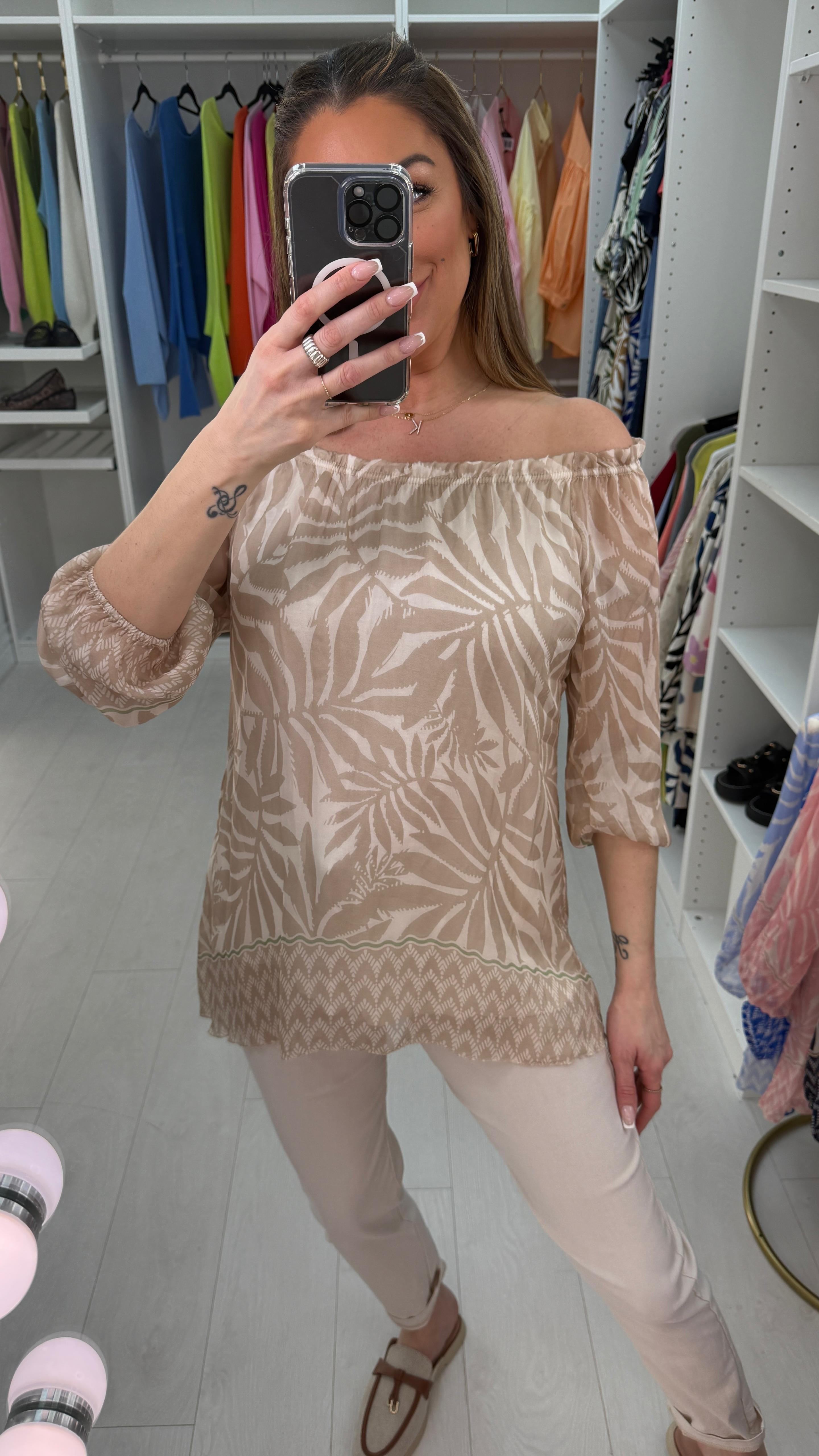 Carrie Leaf Print Bardot Blouse