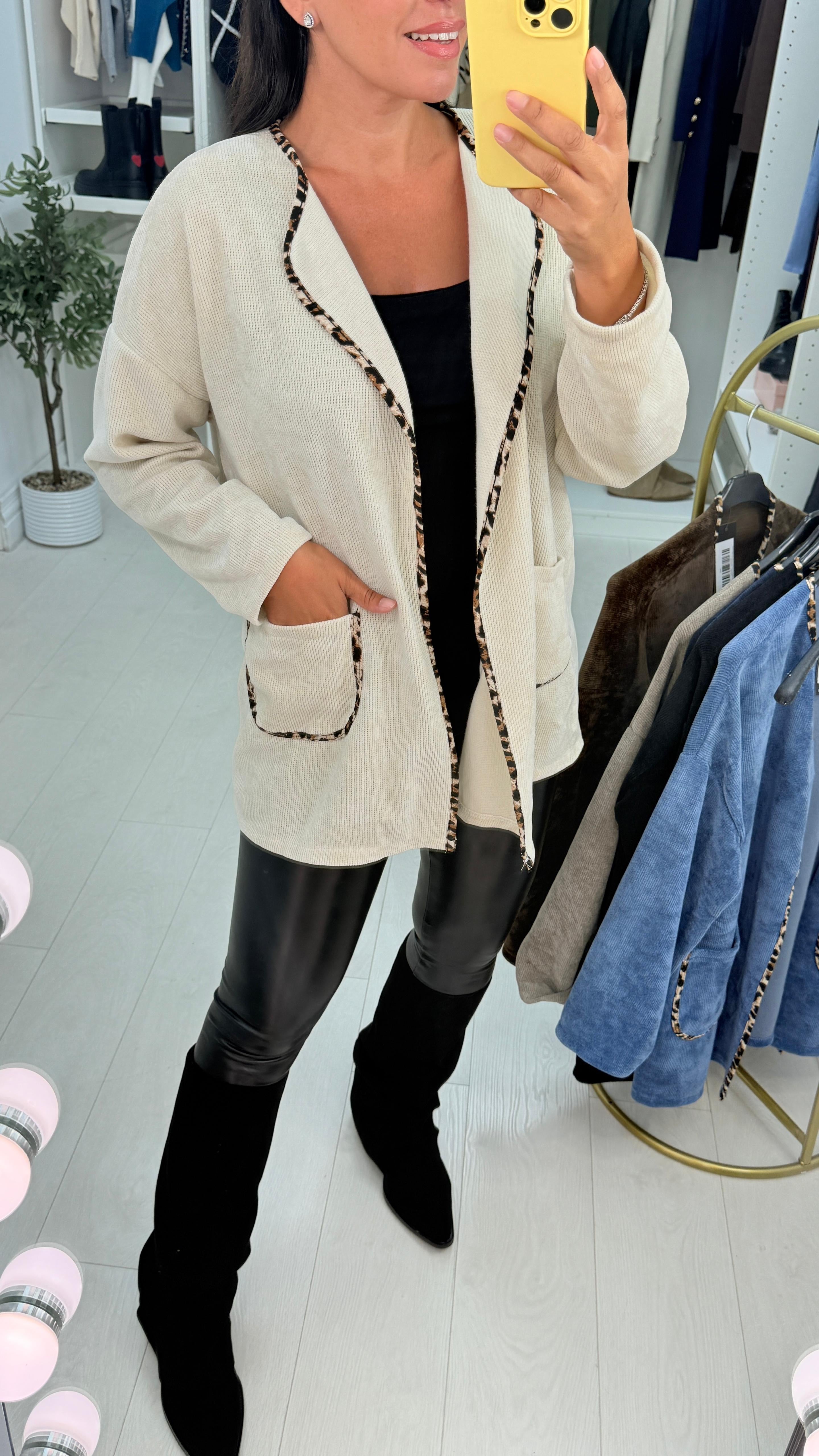 Dani Plain Leopard Print Trim Corduroy Open Front Cardigan