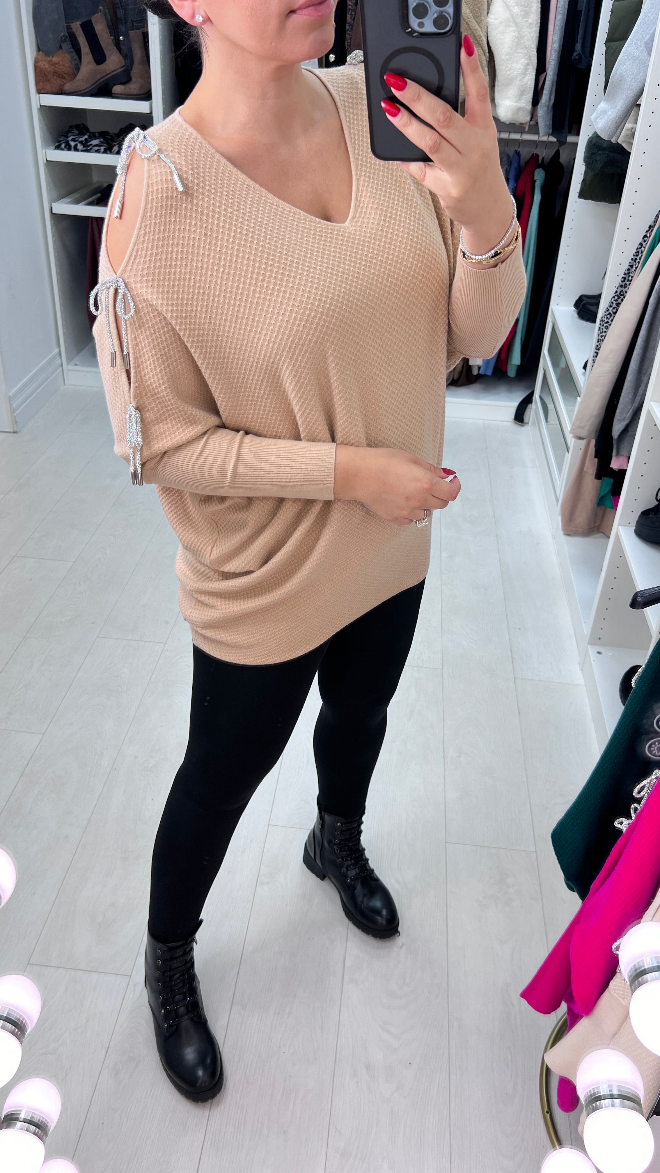 Adria Cold Shoulder Metallic Diamante Bow Jumper