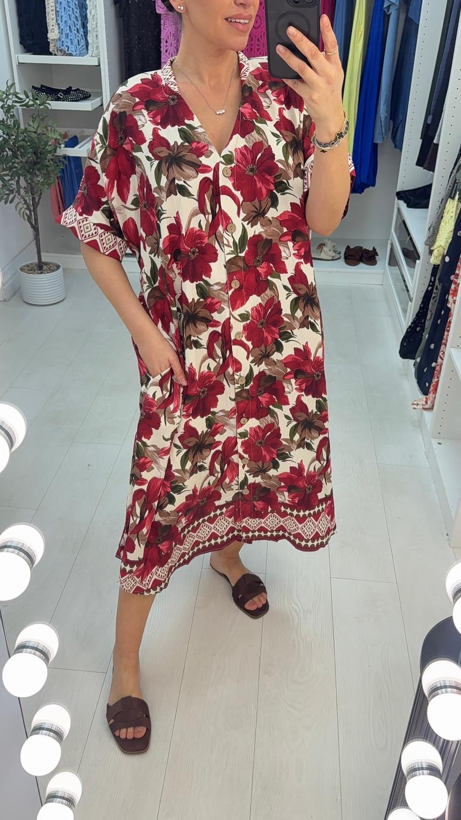 Marline Floral Print Button Front Loose Fit Dress