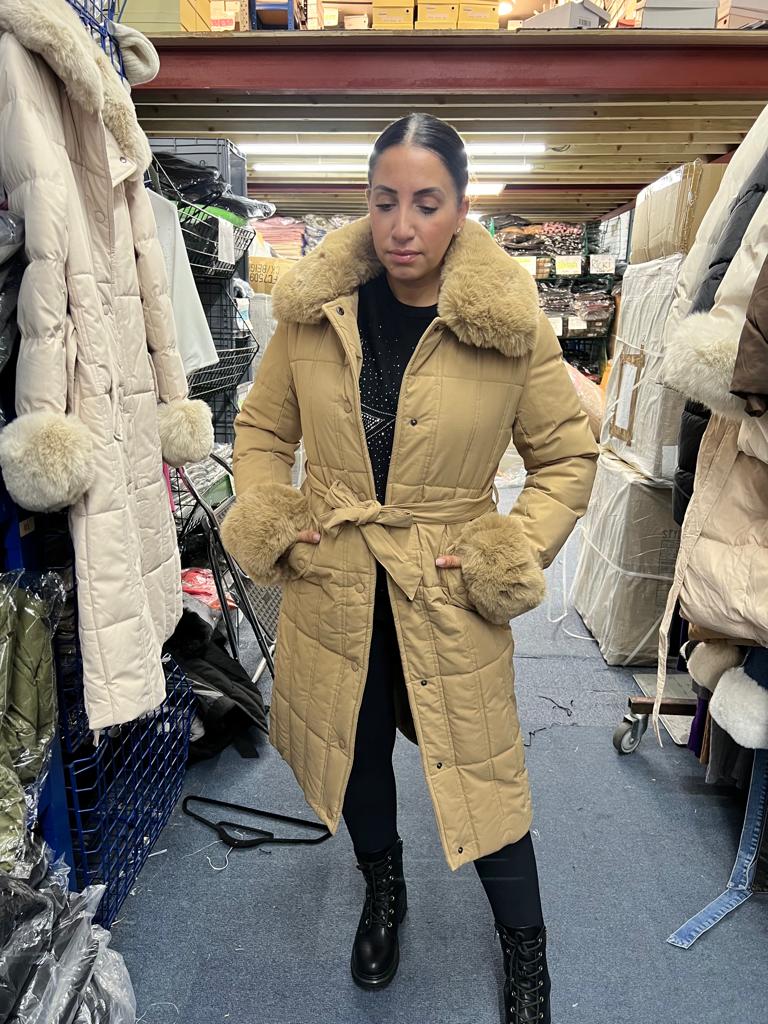 Elexi Camel Faux Fur Detail Padded Coat