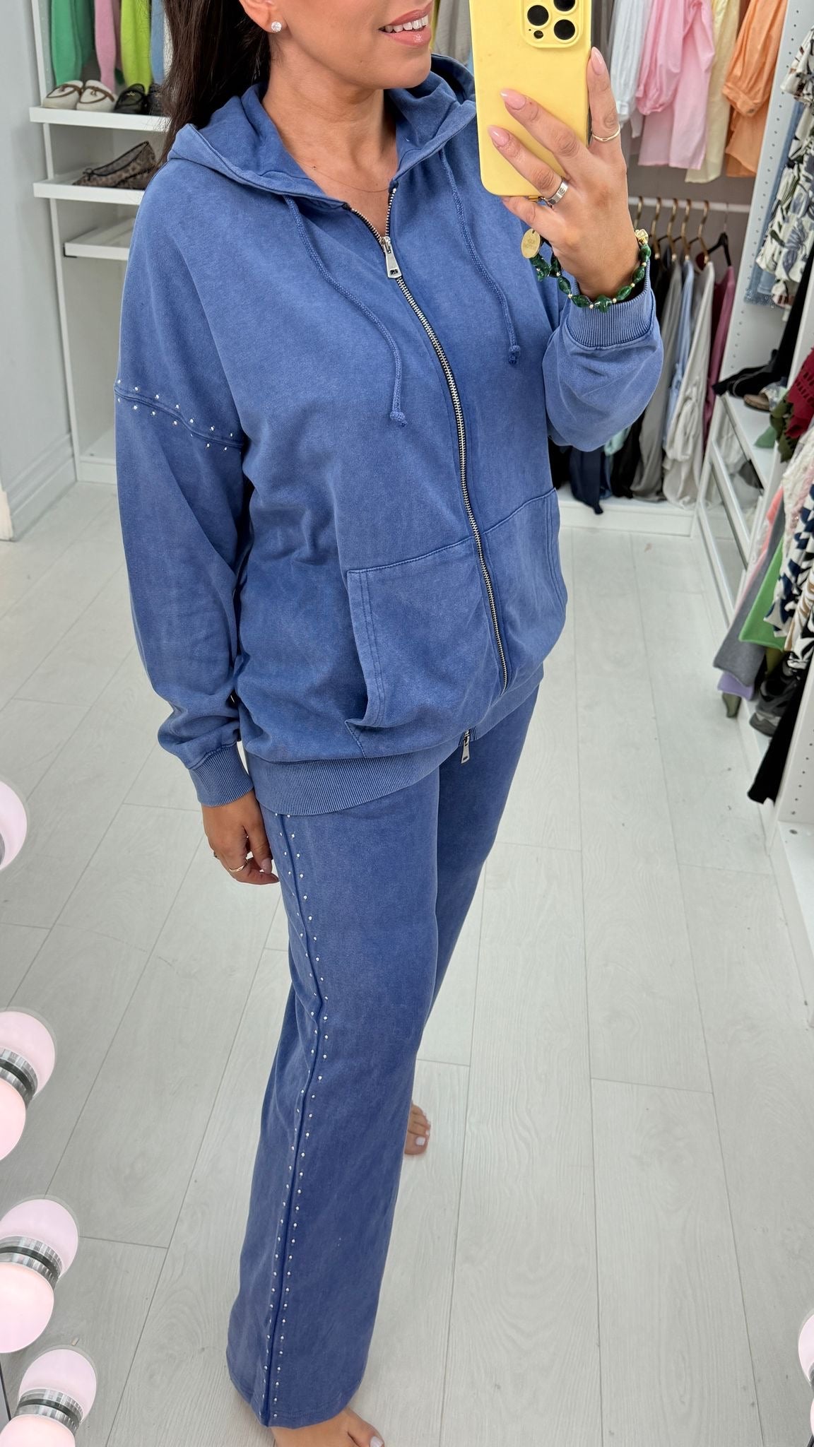 Jessie Denim Blue Acid Wash Stud Detail Loungewear Set