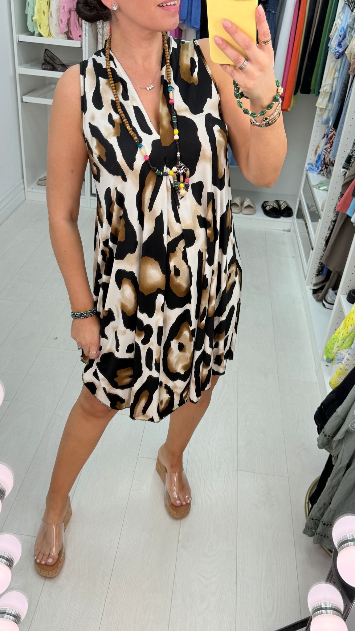Jayella Leopard Print V Neck Loose Fit Necklace Dress
