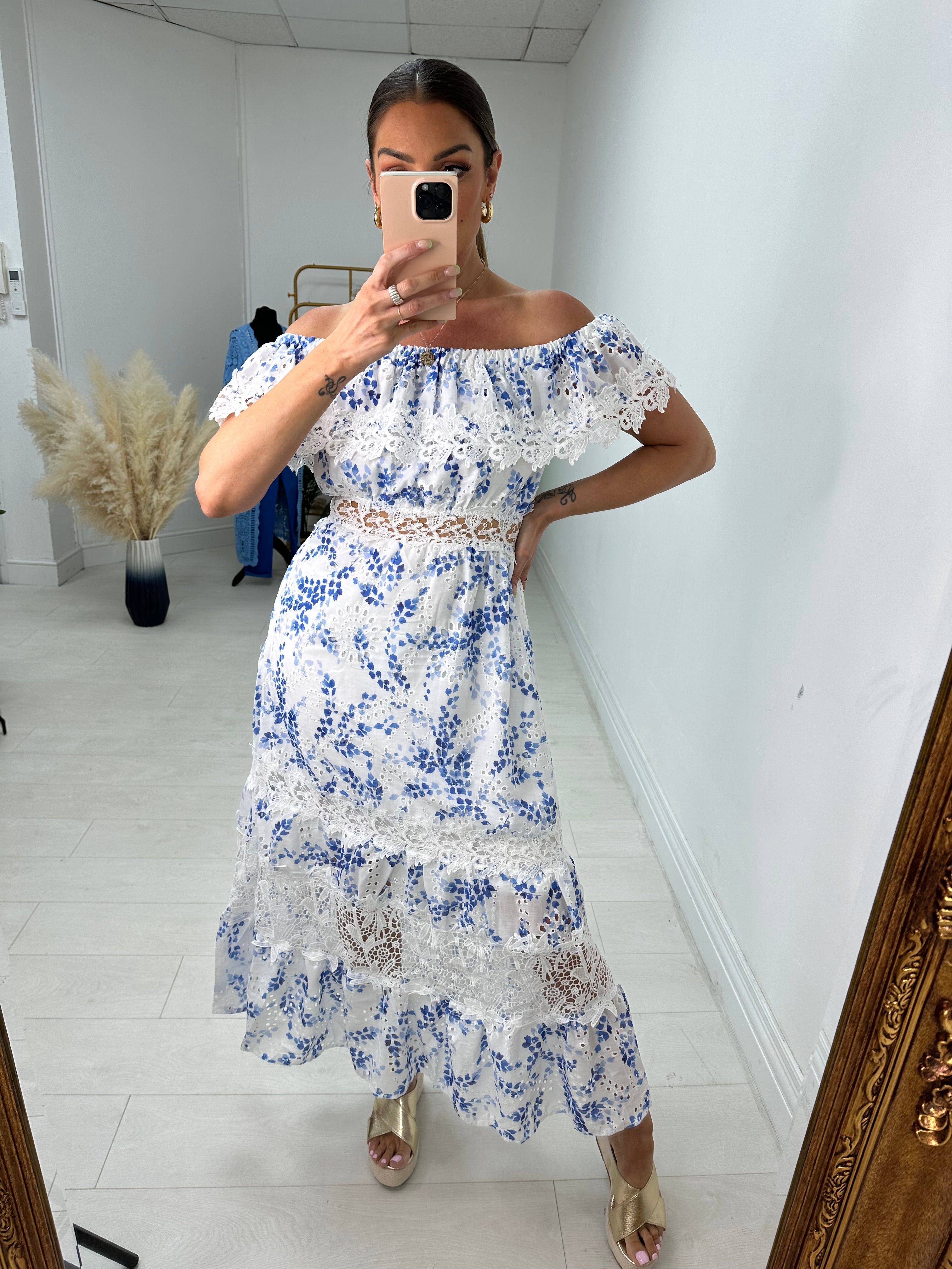 barbara eden dancing blue dress Sapphire Bardot Floral And Lace Maxi Dress – BowsBoutiques