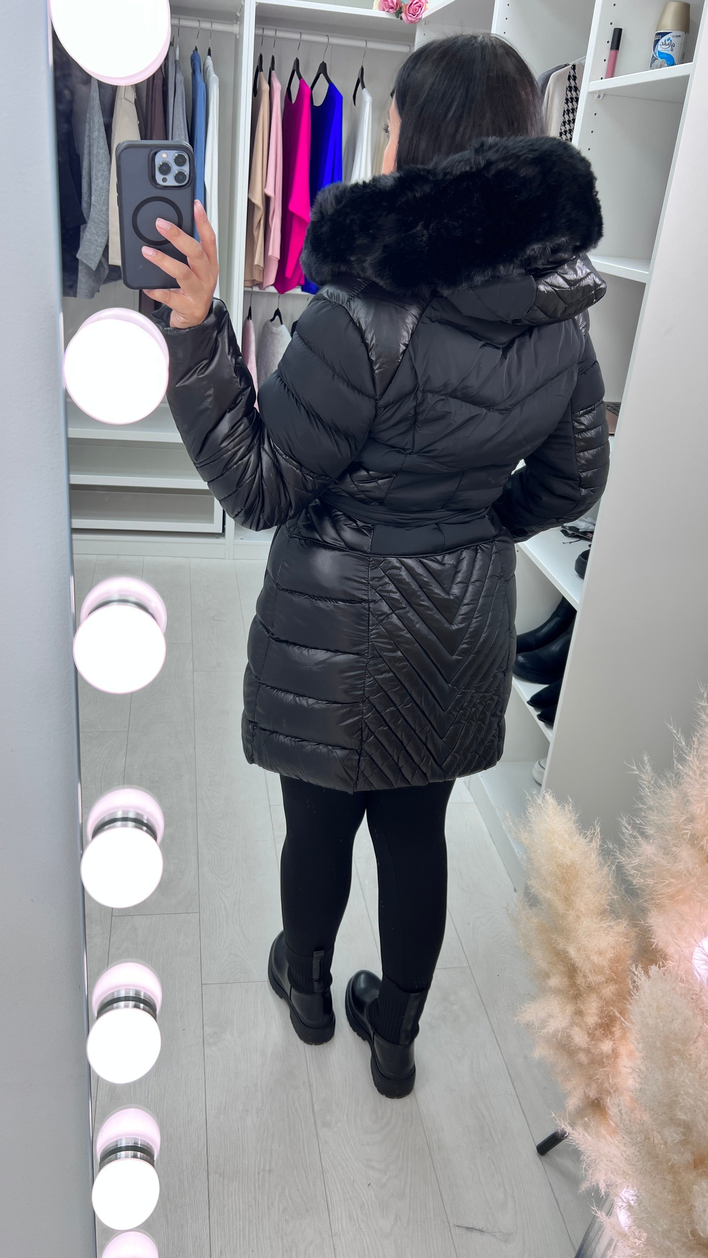 Jabroni Black Faux Fur Hood Belted Coat